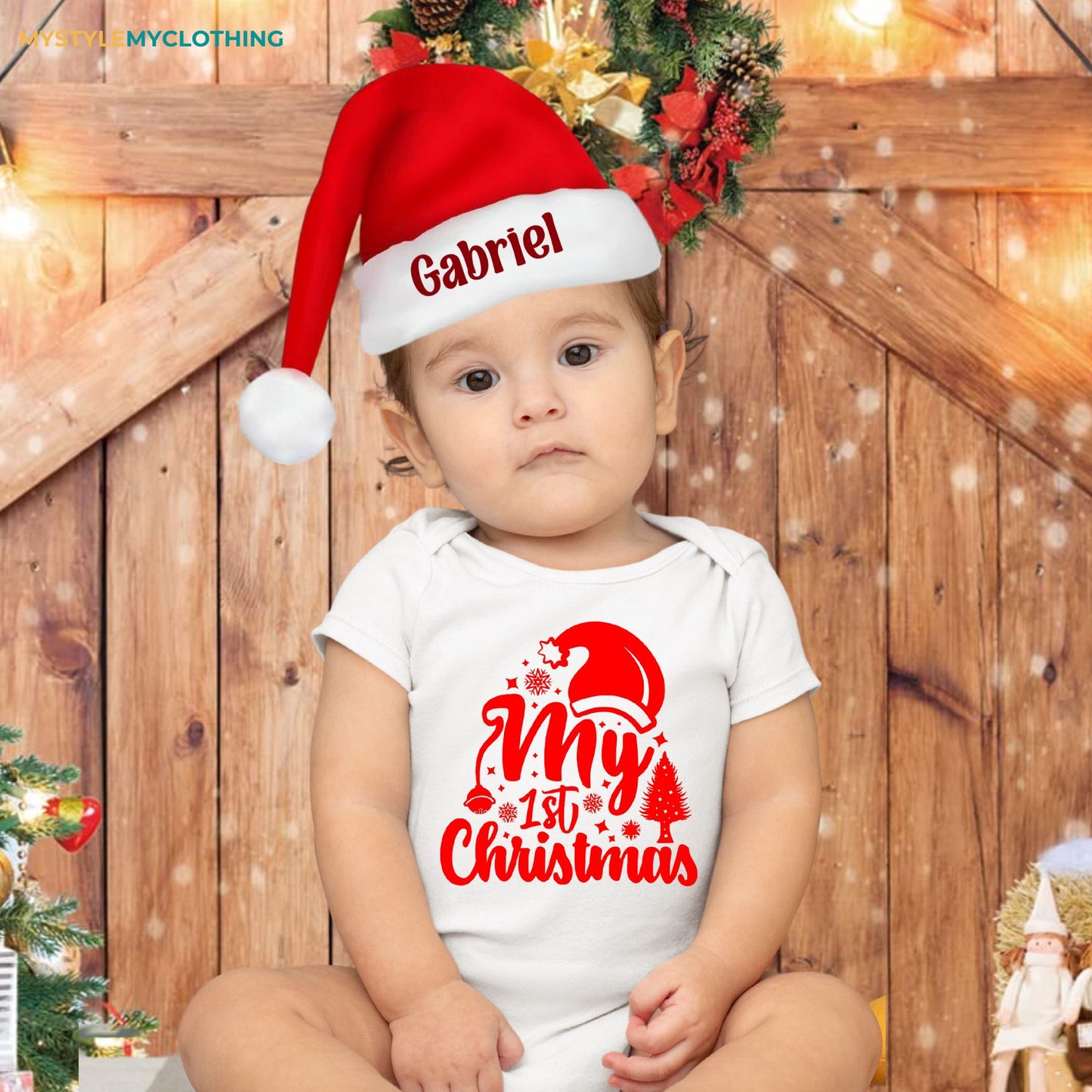 Baby Christmas Onesies with Customized Santa Hat - Tree's and Hat