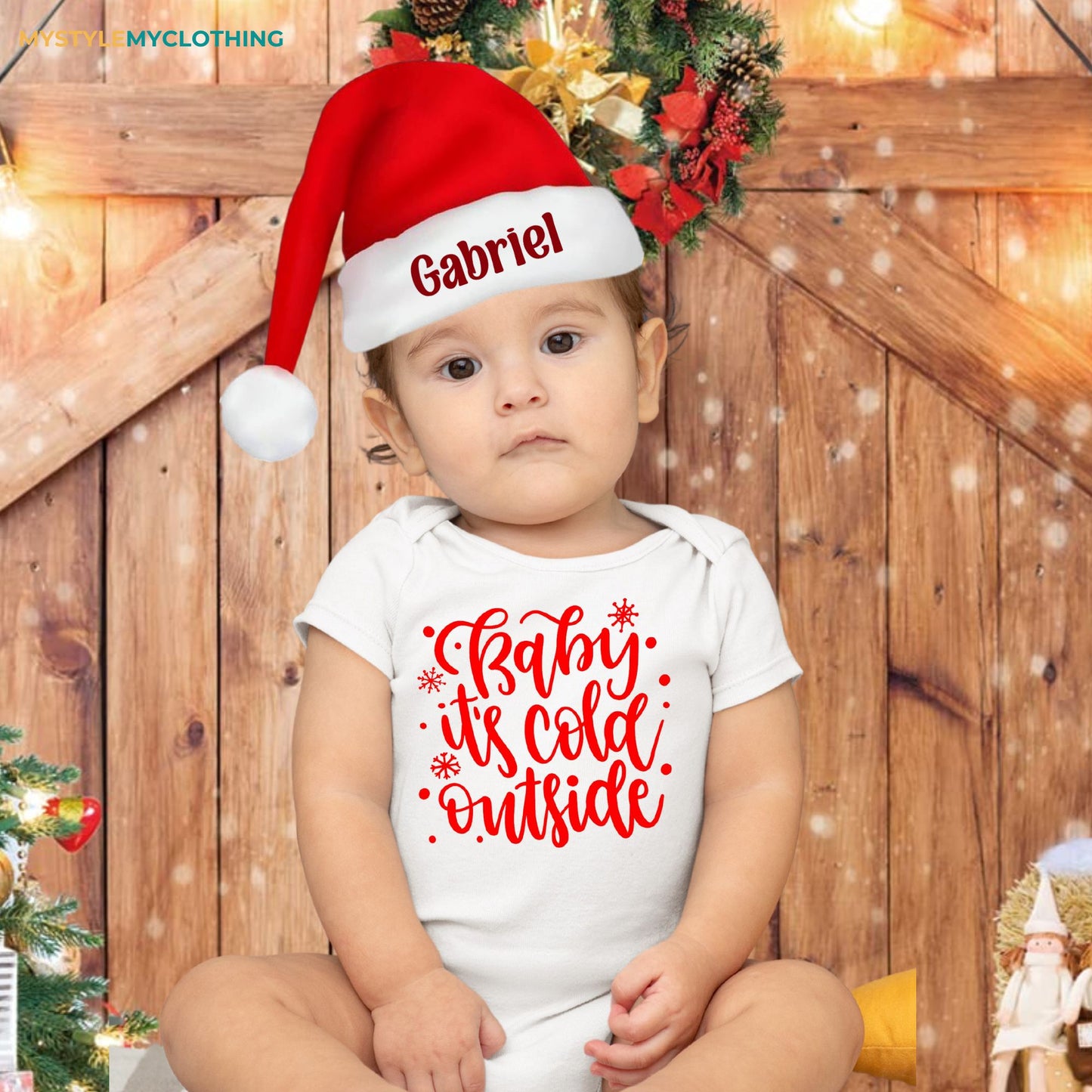 Baby Christmas Holiday Onesies with Customized Santa Hat - Its Cold Outside