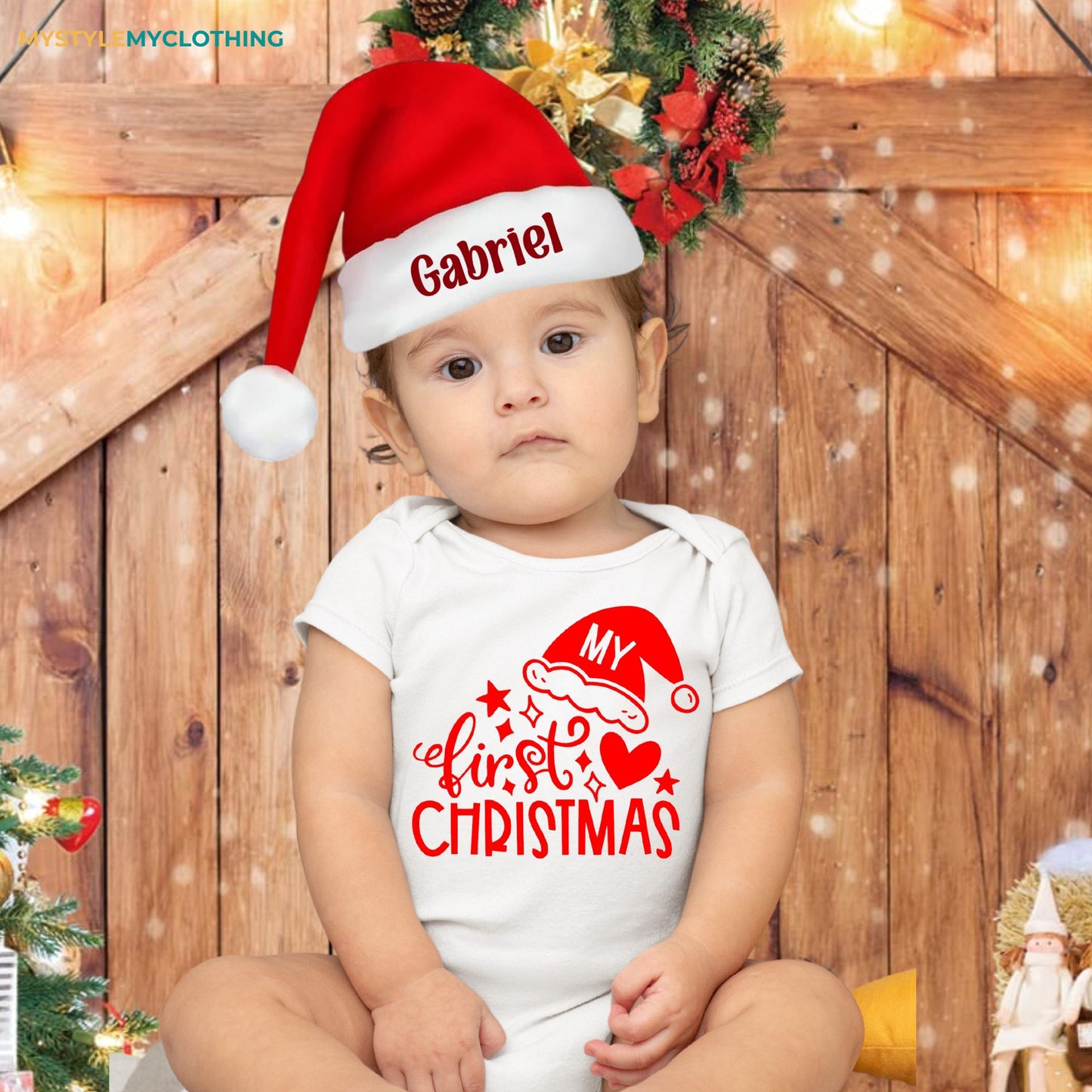 Baby Christmas Holiday Onesies with Customized Santa Hat- My First Christmas Hearts and Santa Hat