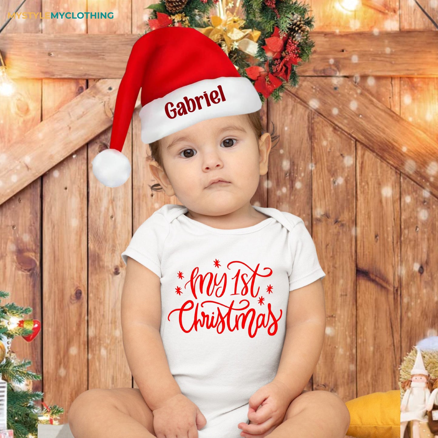 Baby Christmas Holiday Onesies with Customized Santa Hat - My First Christmas Cursive