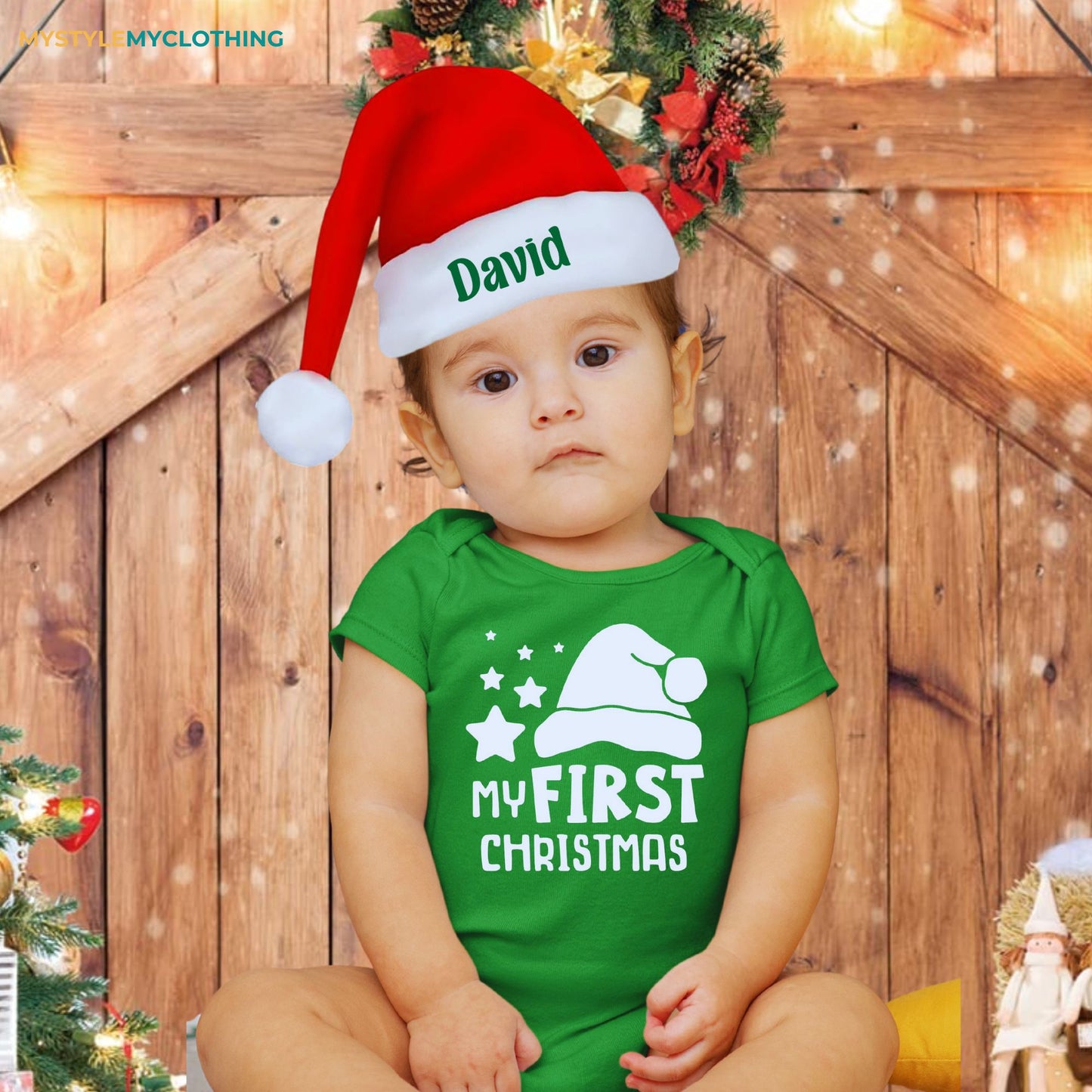 Baby Christmas Holiday Onesies with Customized Santa Hat - My First Christmas Star & Hat