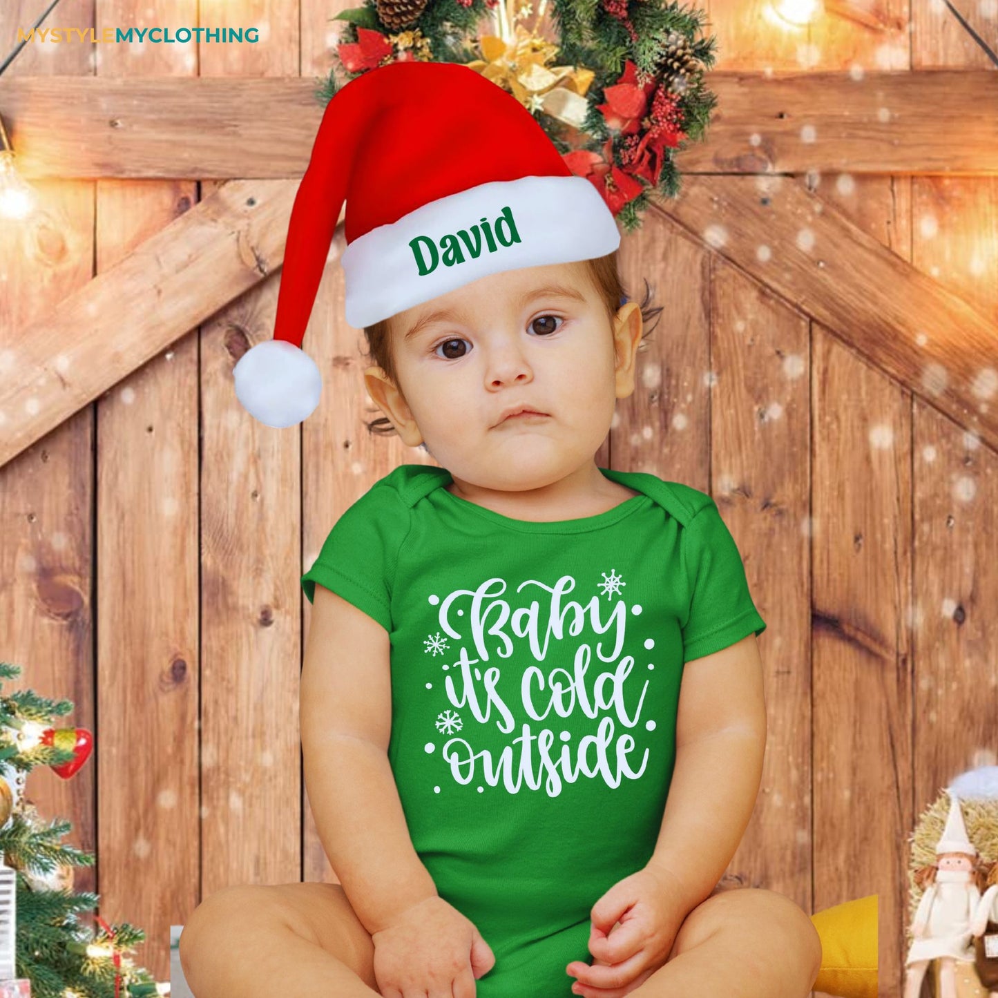 Baby Christmas Holiday Onesies with Customized Santa Hat - Its Cold Outside