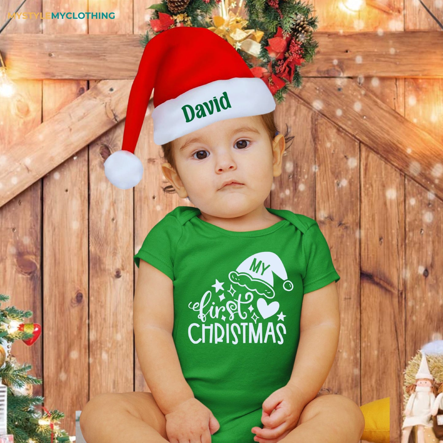 Baby Christmas Holiday Onesies with Customized Santa Hat- My First Christmas Hearts and Santa Hat