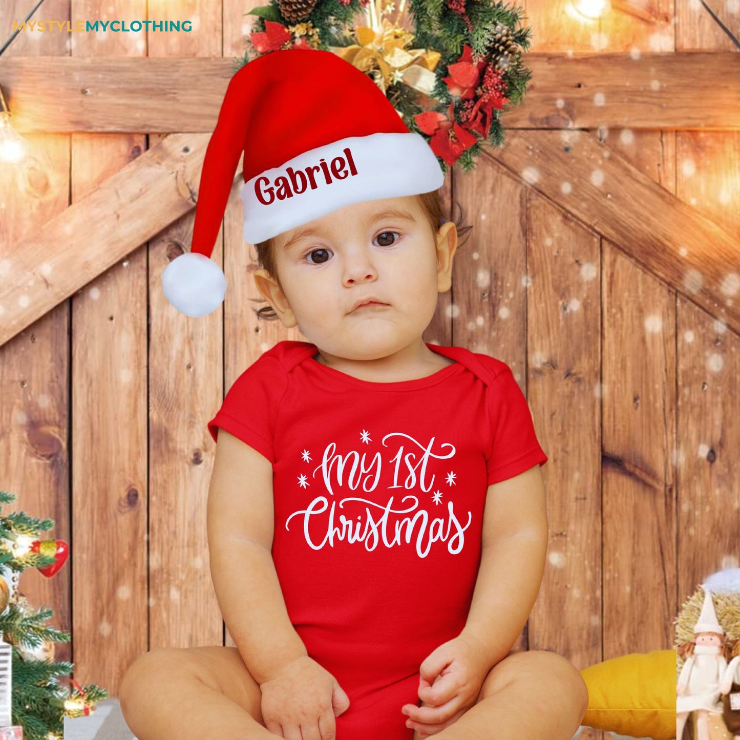 Baby Christmas Holiday Onesies with Customized Santa Hat - My First Christmas Cursive