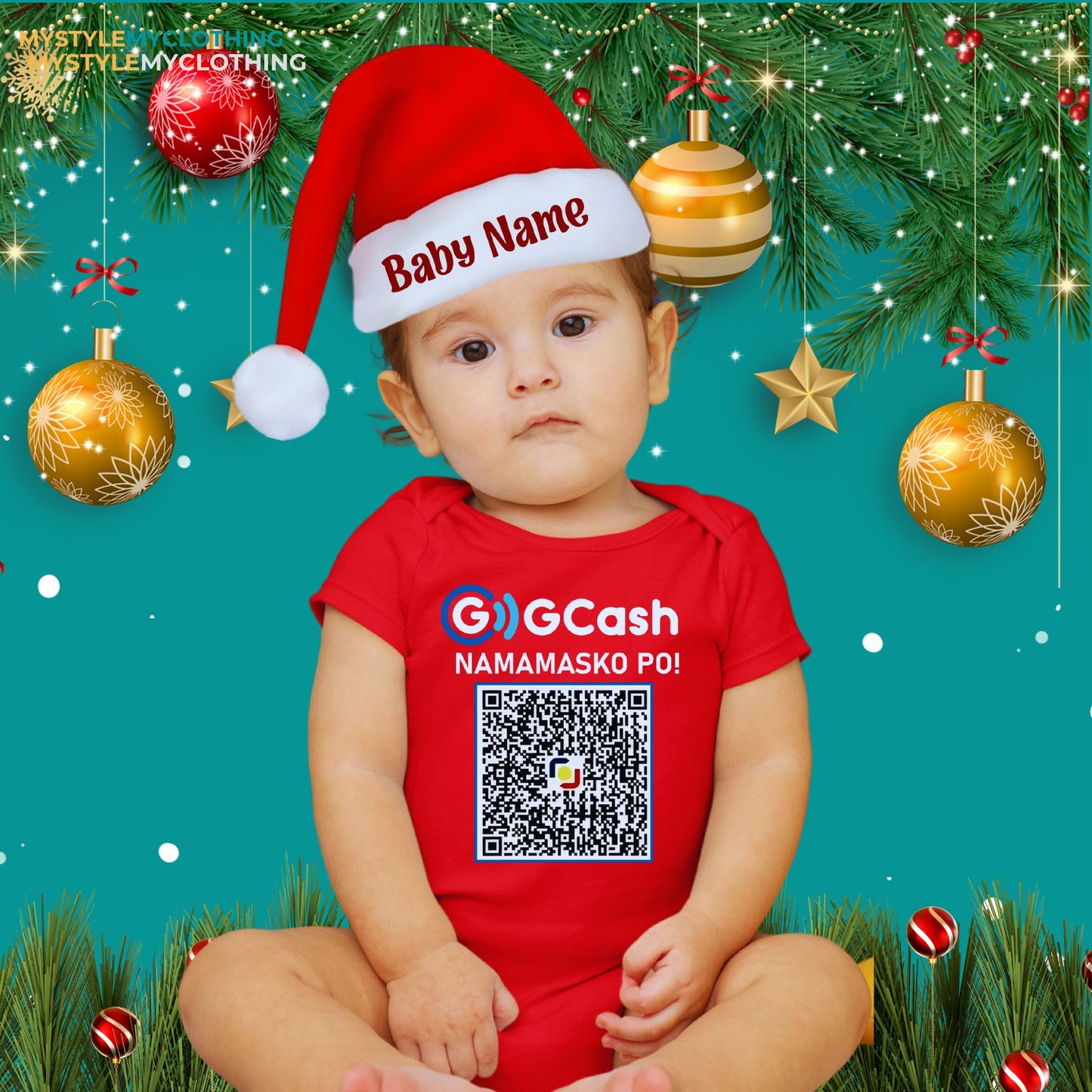 Baby QR Code Personalized Christmas Holiday Insta Gift Onesies with Baby Name Santa Hat