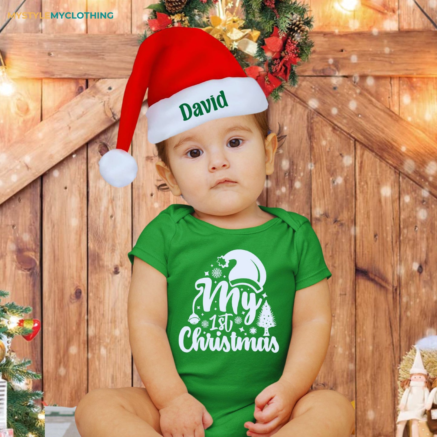 Baby Christmas Onesies with Customized Santa Hat - Tree's and Hat