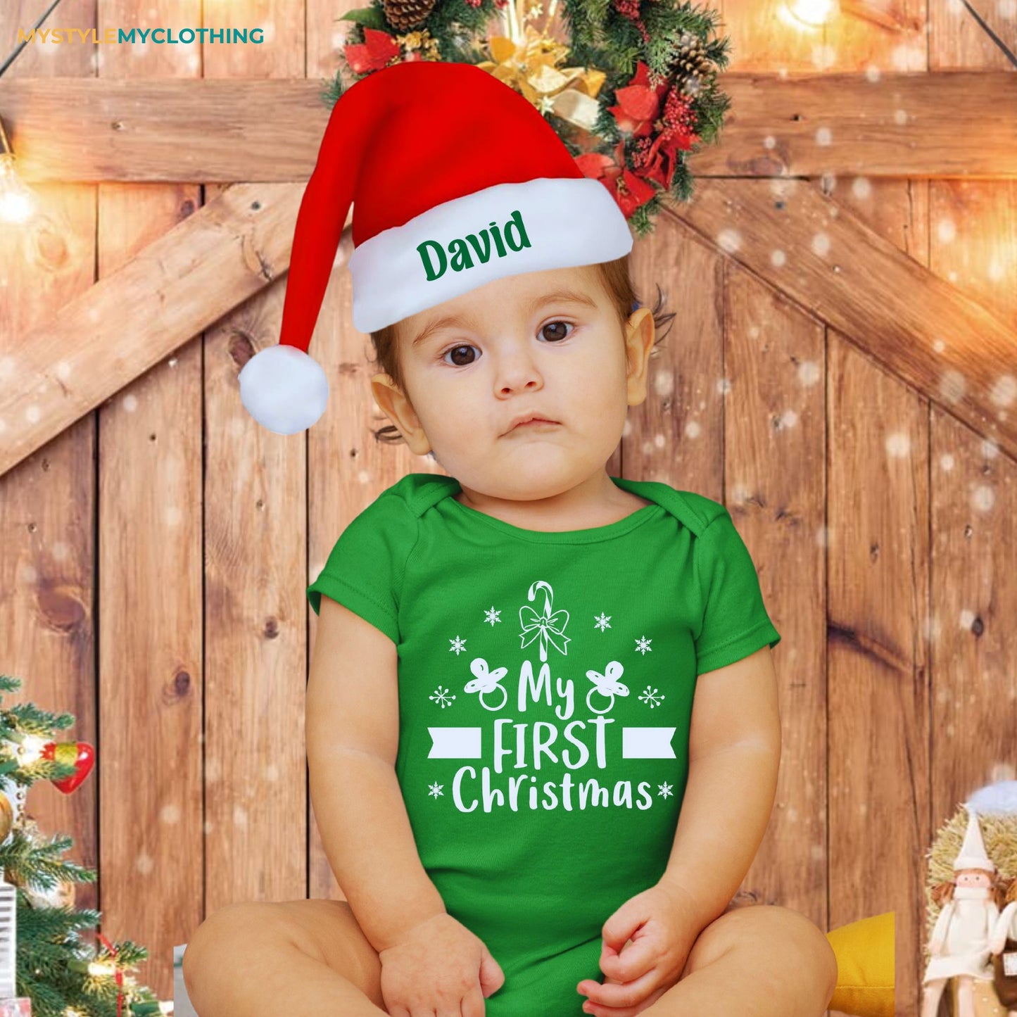 Baby Christmas Holiday Onesies with Customized Santa Hat - My First Christmas Pacifier