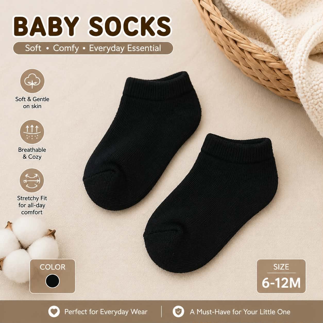 Baby Plain Socks for Baby and Toddler - Cotton Spandex
