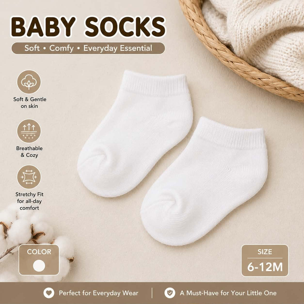 Baby Plain Socks for Baby and Toddler - Cotton Spandex