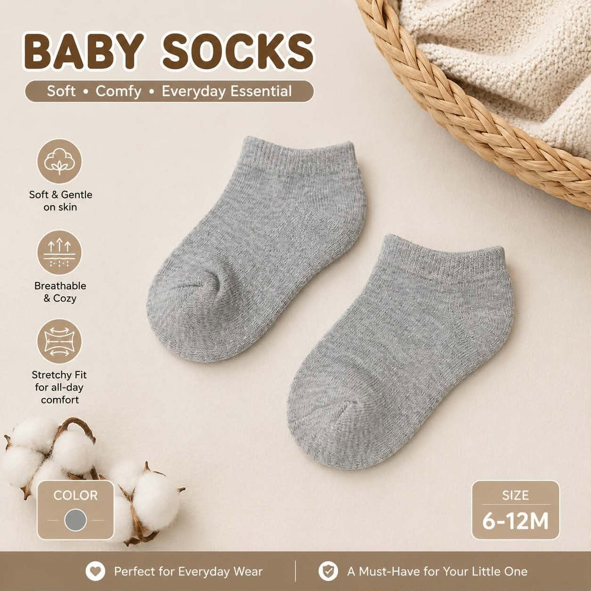 Baby Plain Socks for Baby and Toddler - Cotton Spandex