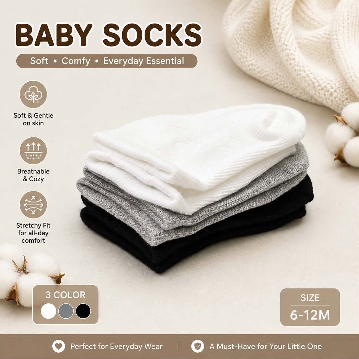 Baby Plain Socks for Baby and Toddler - Cotton Spandex
