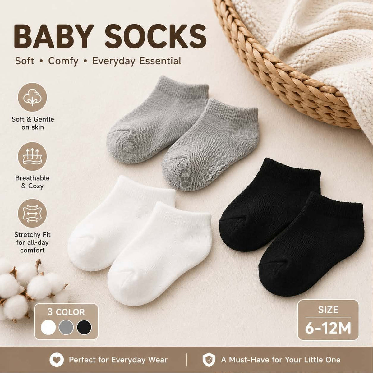 Baby Plain Socks for Baby and Toddler - Cotton Spandex