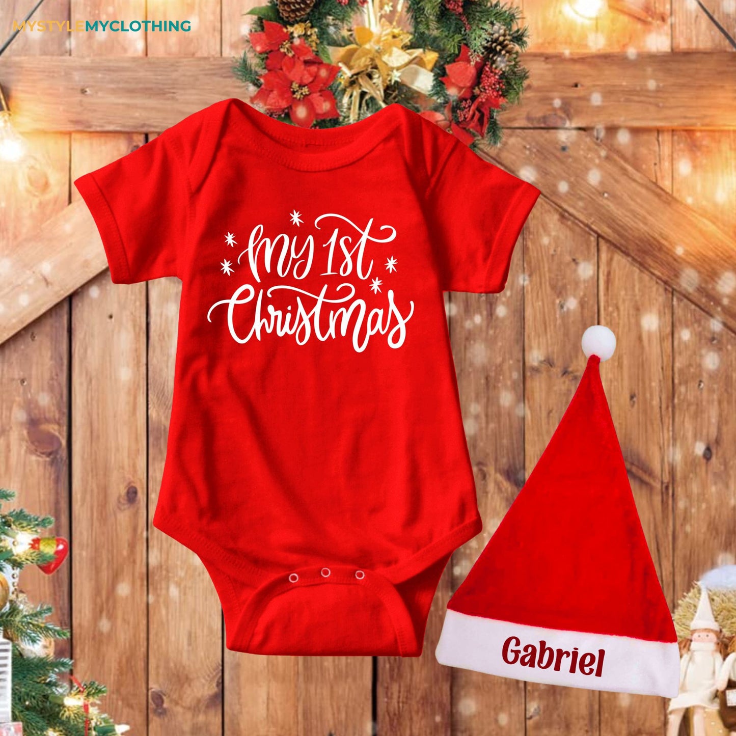 Baby Christmas Holiday Onesies with Customized Santa Hat - My First Christmas Cursive