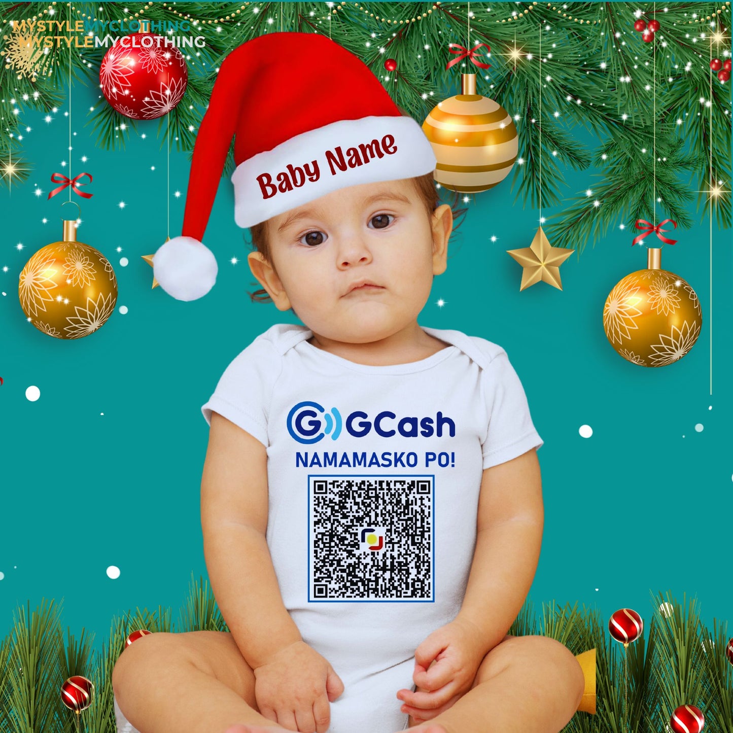 Baby QR Code Personalized Christmas Holiday Insta Gift Onesies with Baby Name Santa Hat