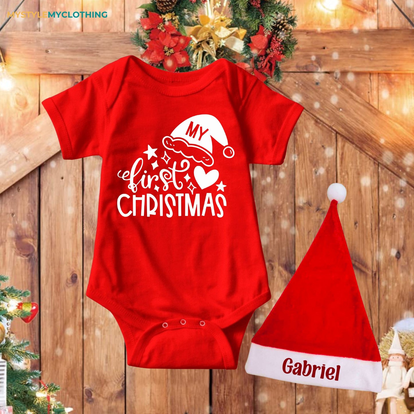 Baby Christmas Holiday Onesies with Customized Santa Hat- My First Christmas Hearts and Santa Hat