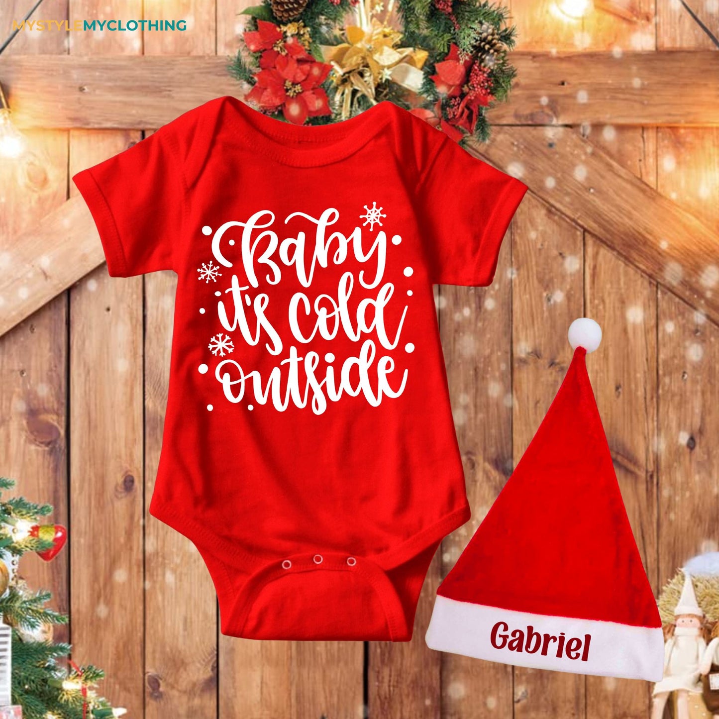 Baby Christmas Holiday Onesies with Customized Santa Hat - Its Cold Outside