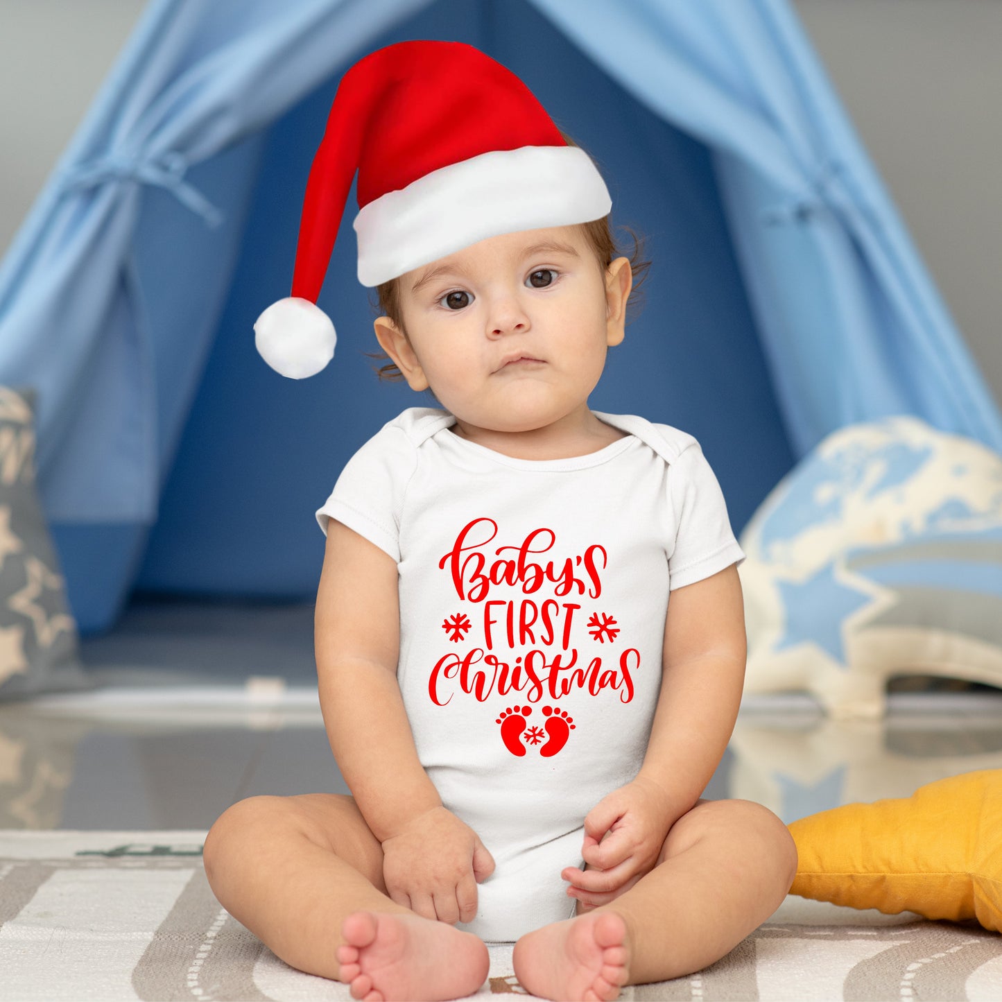 Baby Christmas Holiday Onesies with Customized Santa Hat - Baby First Christmas