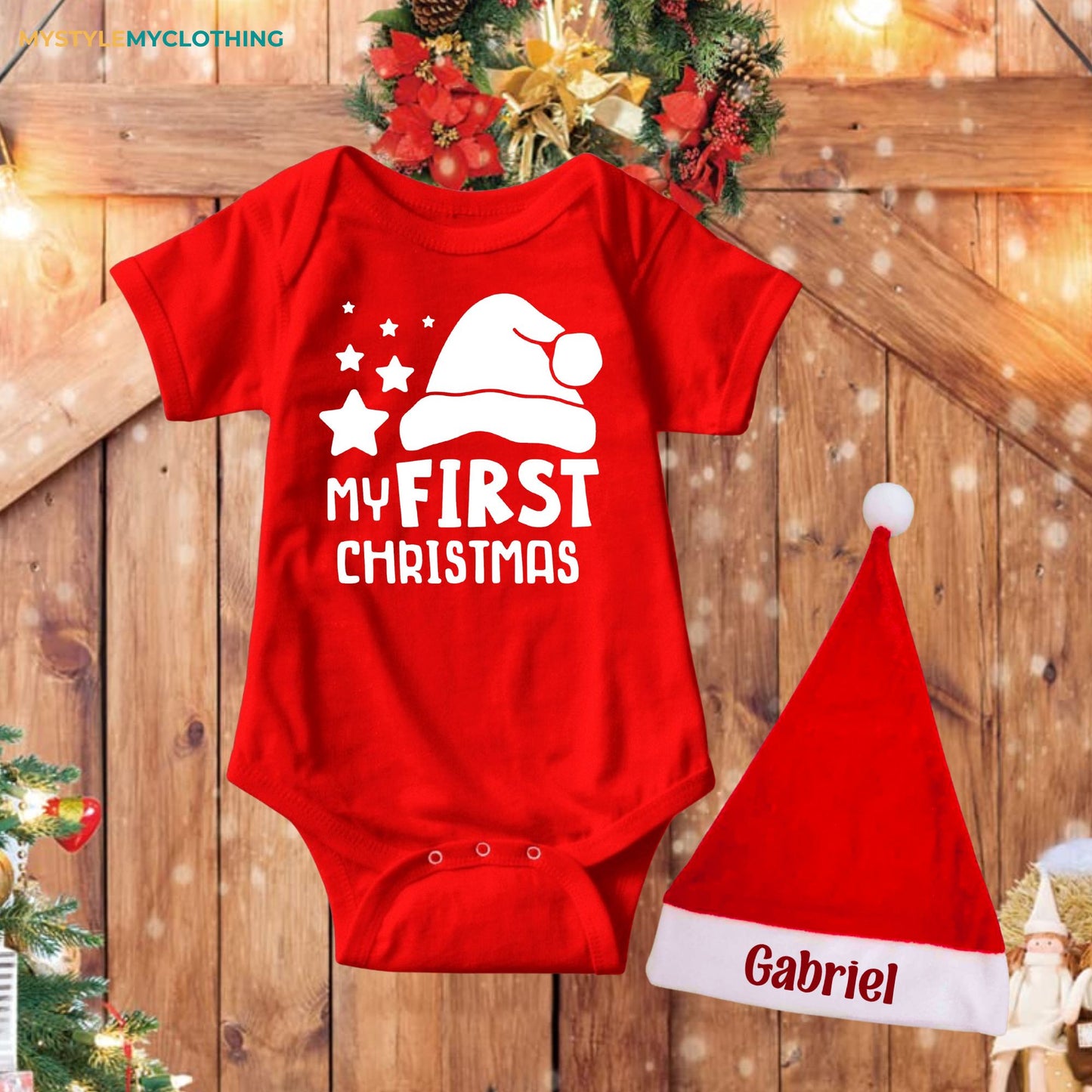 Baby Christmas Holiday Onesies with Customized Santa Hat - My First Christmas Star & Hat