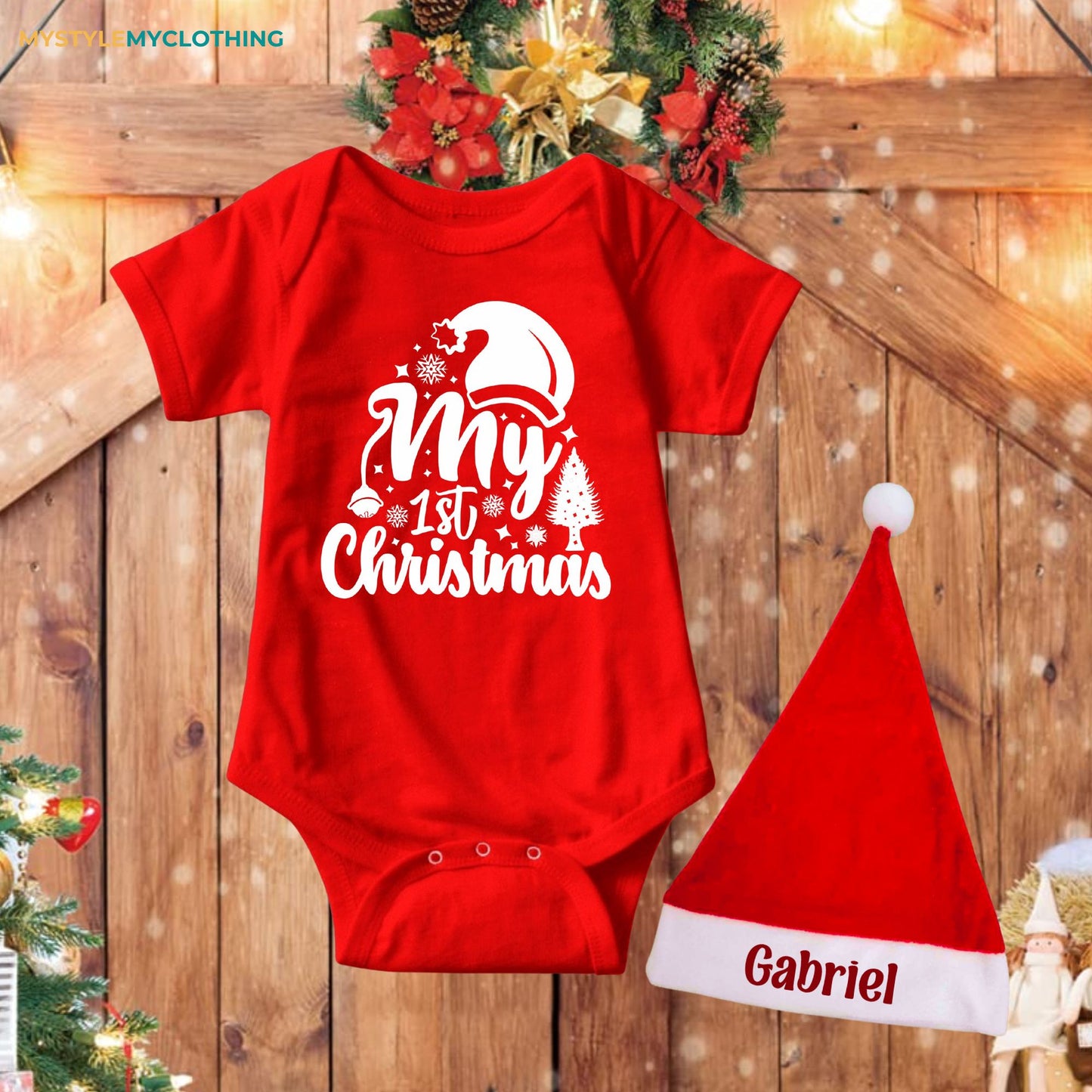 Baby Christmas Onesies with Customized Santa Hat - Tree's and Hat