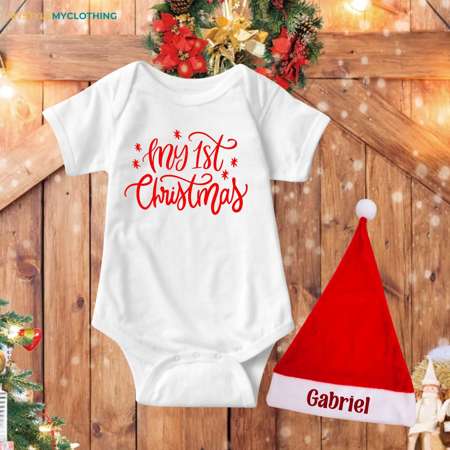 Baby Christmas Holiday Onesies with Customized Santa Hat - My First Christmas Cursive