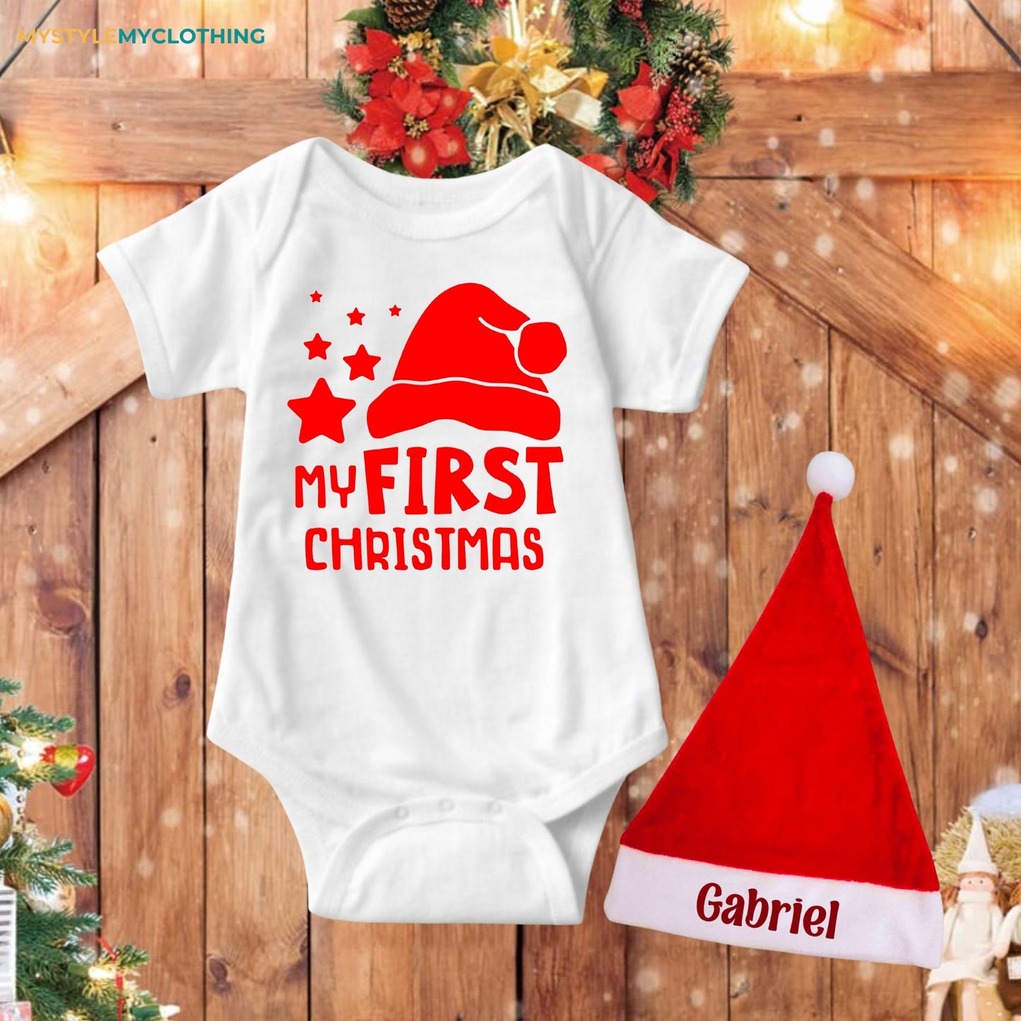 Baby Christmas Holiday Onesies with Customized Santa Hat - My First Christmas Star & Hat