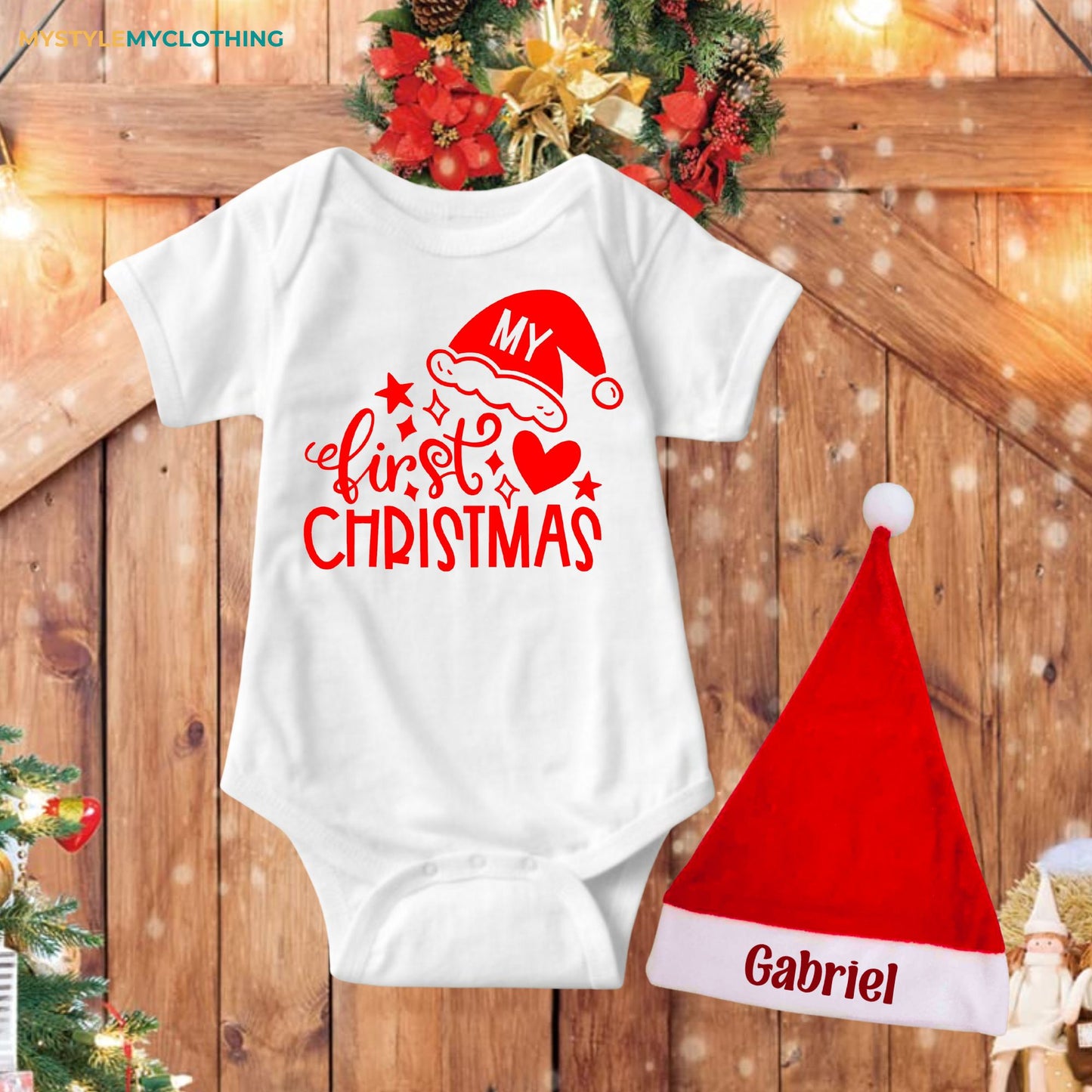 Baby Christmas Holiday Onesies with Customized Santa Hat- My First Christmas Hearts and Santa Hat