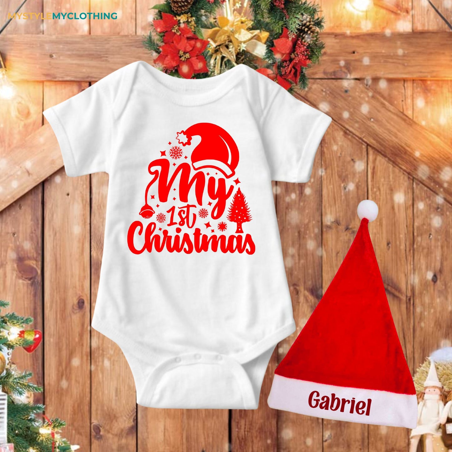 Baby Christmas Onesies with Customized Santa Hat - Tree's and Hat