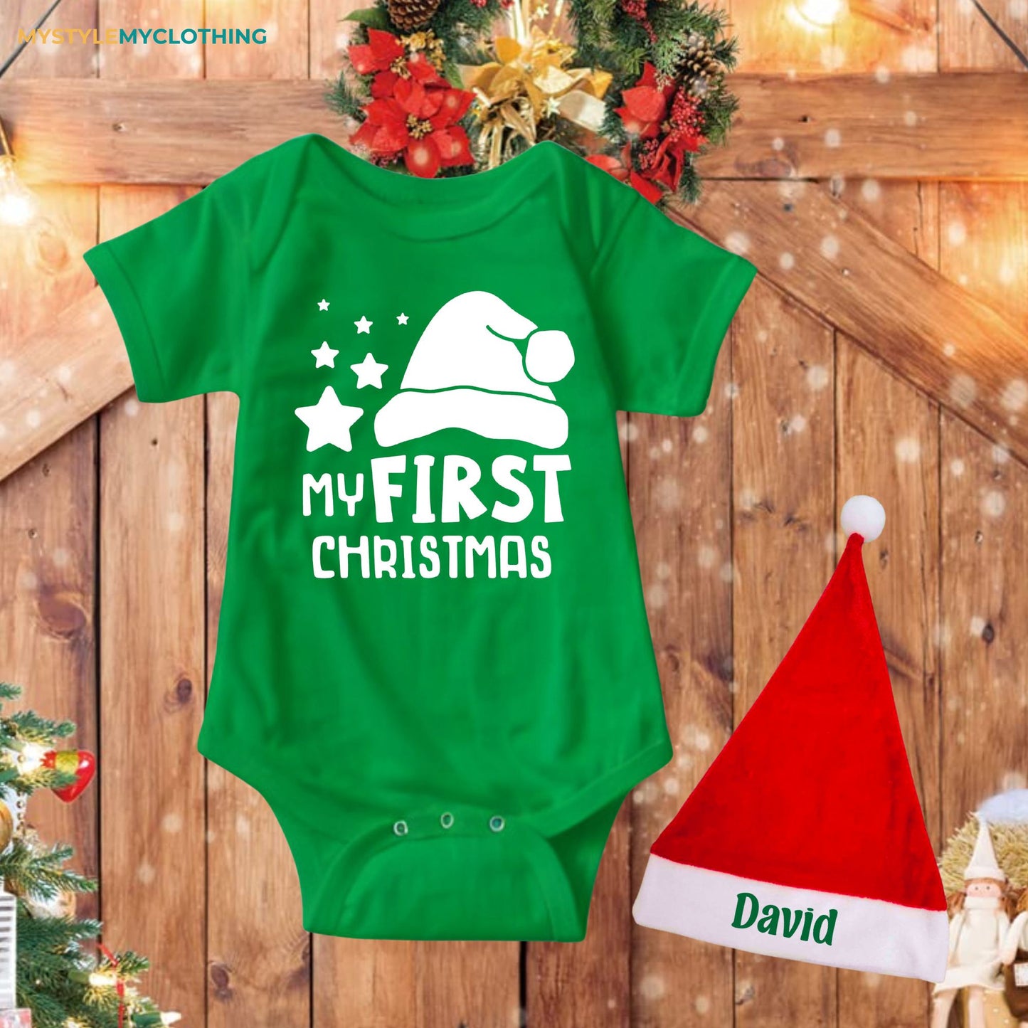 Baby Christmas Holiday Onesies with Customized Santa Hat - My First Christmas Star & Hat