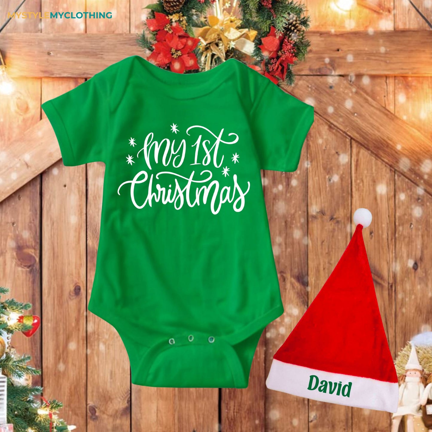 Baby Christmas Holiday Onesies with Customized Santa Hat - My First Christmas Cursive