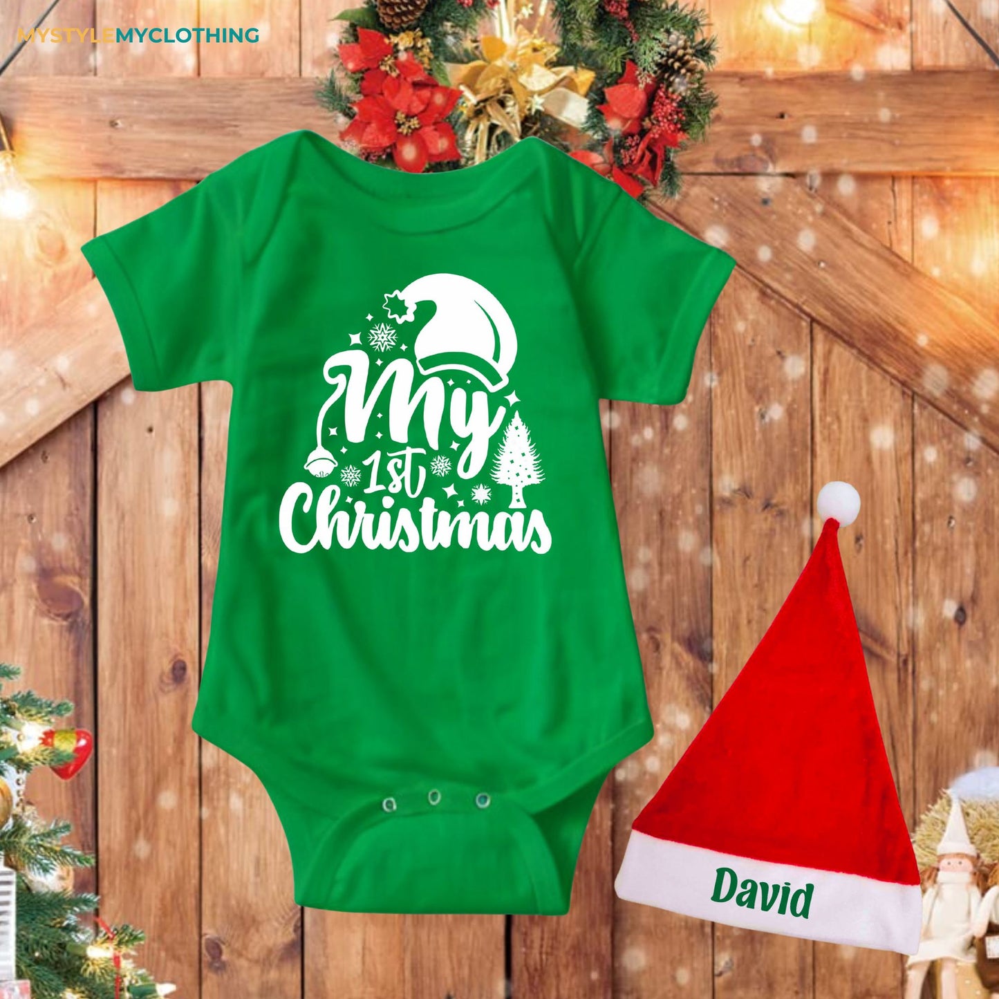 Baby Christmas Onesies with Customized Santa Hat - Tree's and Hat