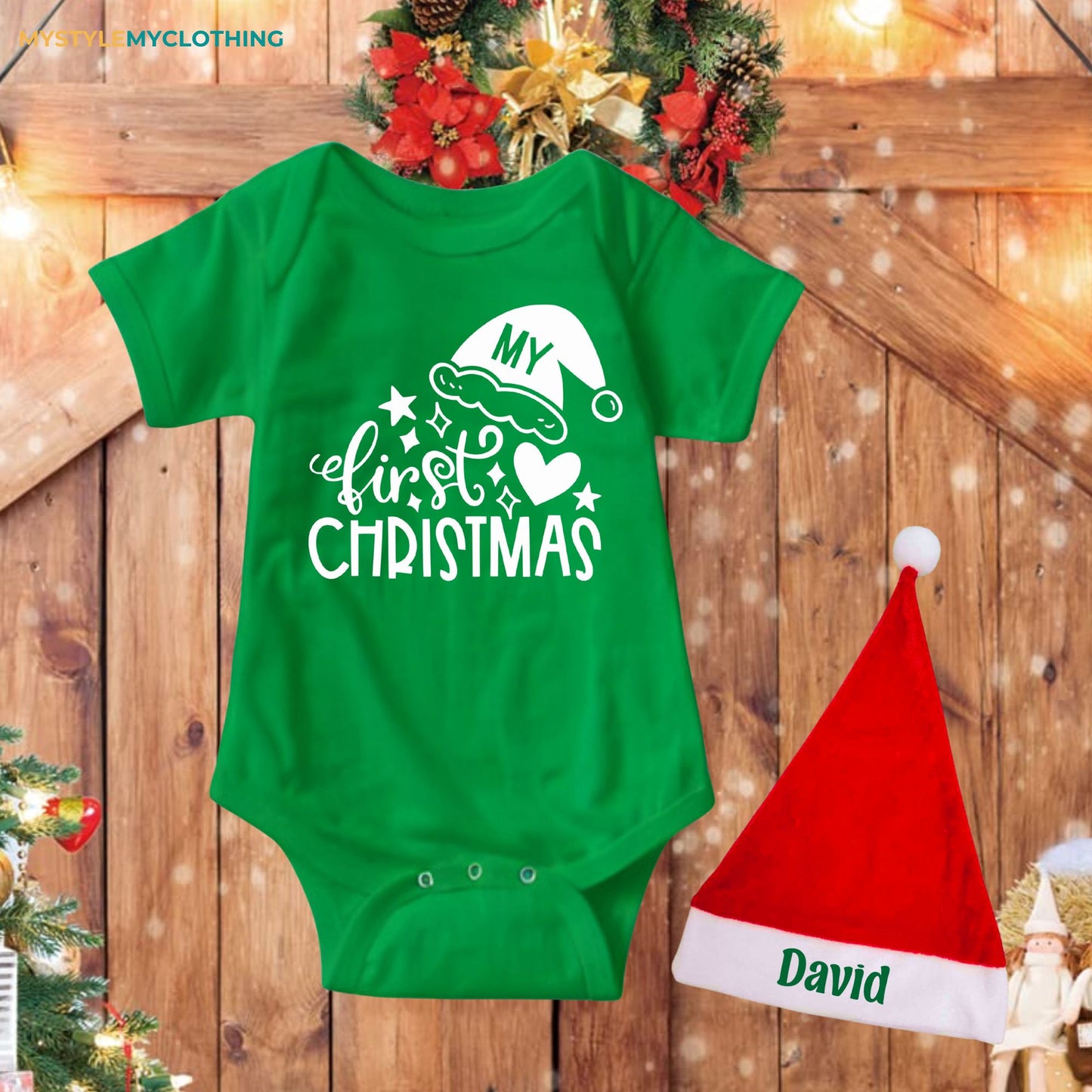 Baby Christmas Holiday Onesies with Customized Santa Hat- My First Christmas Hearts and Santa Hat