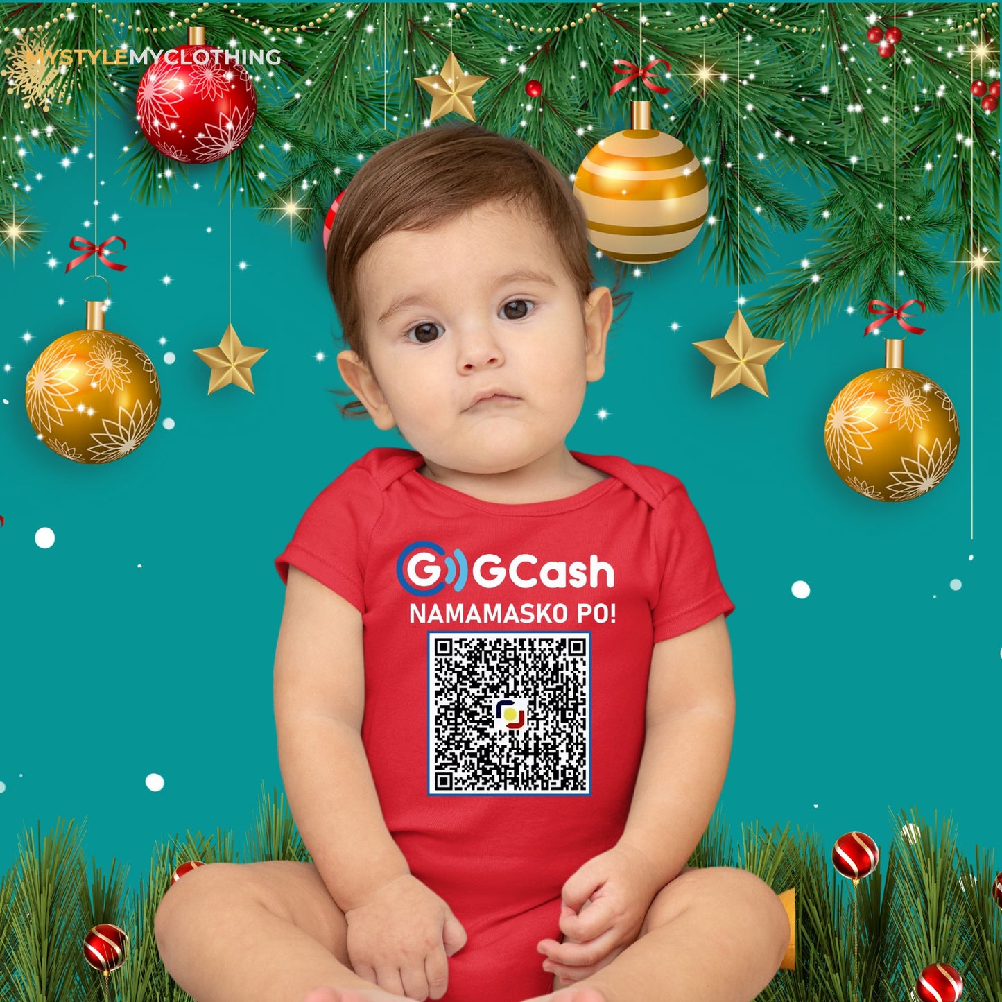 Baby QR Code Personalized Christmas Holiday Insta Gift Onesies with Baby Name Santa Hat