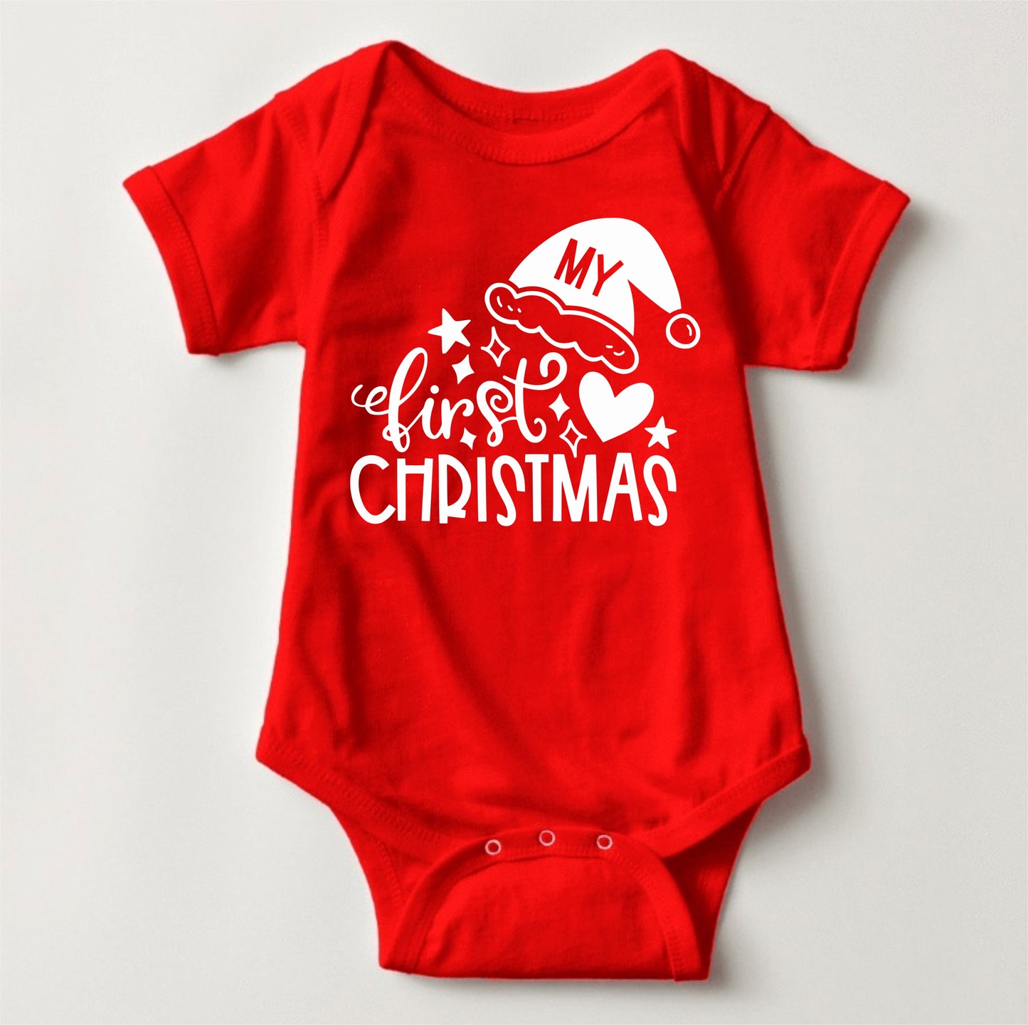 Baby Christmas Holiday Onesies with Customized Santa Hat- My First Christmas Hearts and Santa Hat