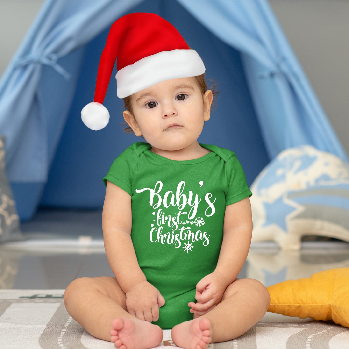 Baby Christmas Holiday Onesies with Customized Santa Hat - Baby First Christmas