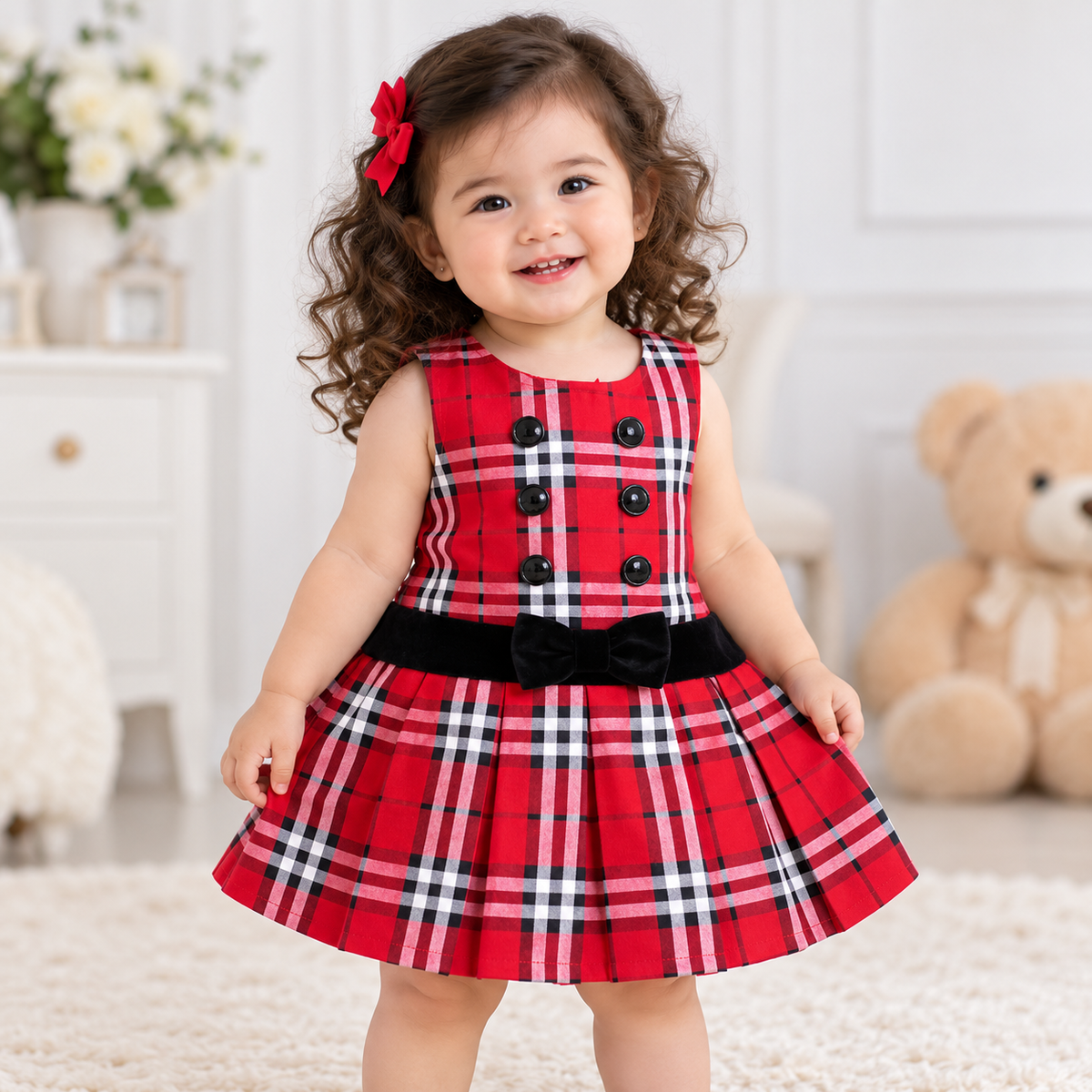 Little Girls Red Checkered Montessori Dress