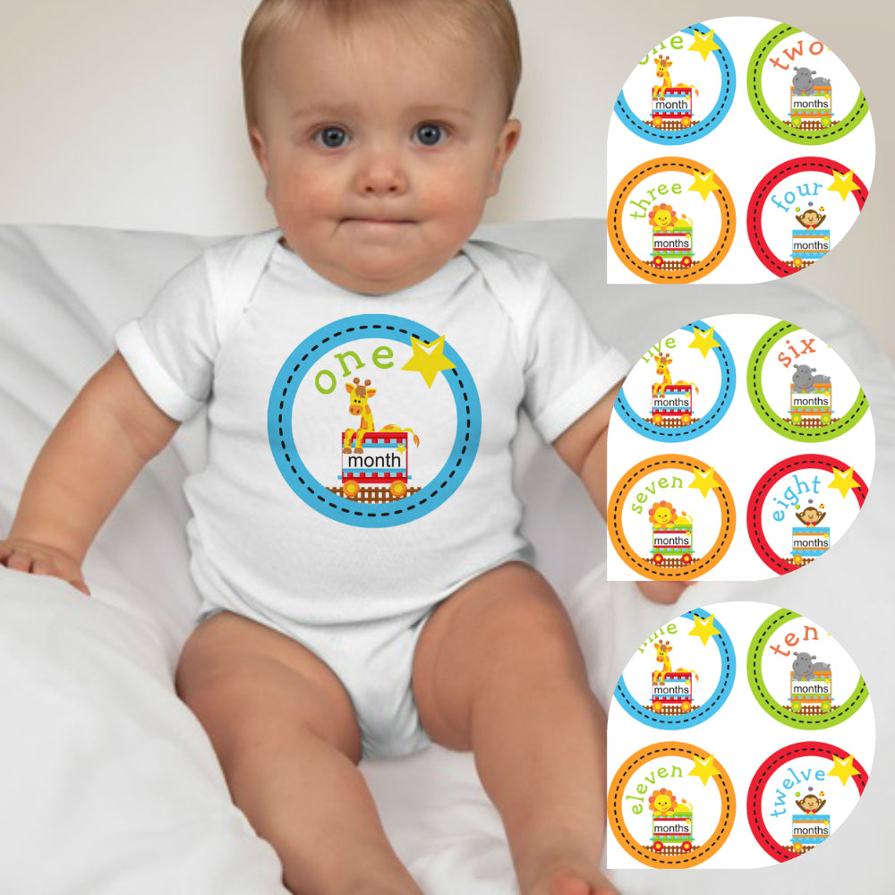 Baby Custom Monthly Onesies - Giraf and Trains - MYSTYLEMYCLOTHING