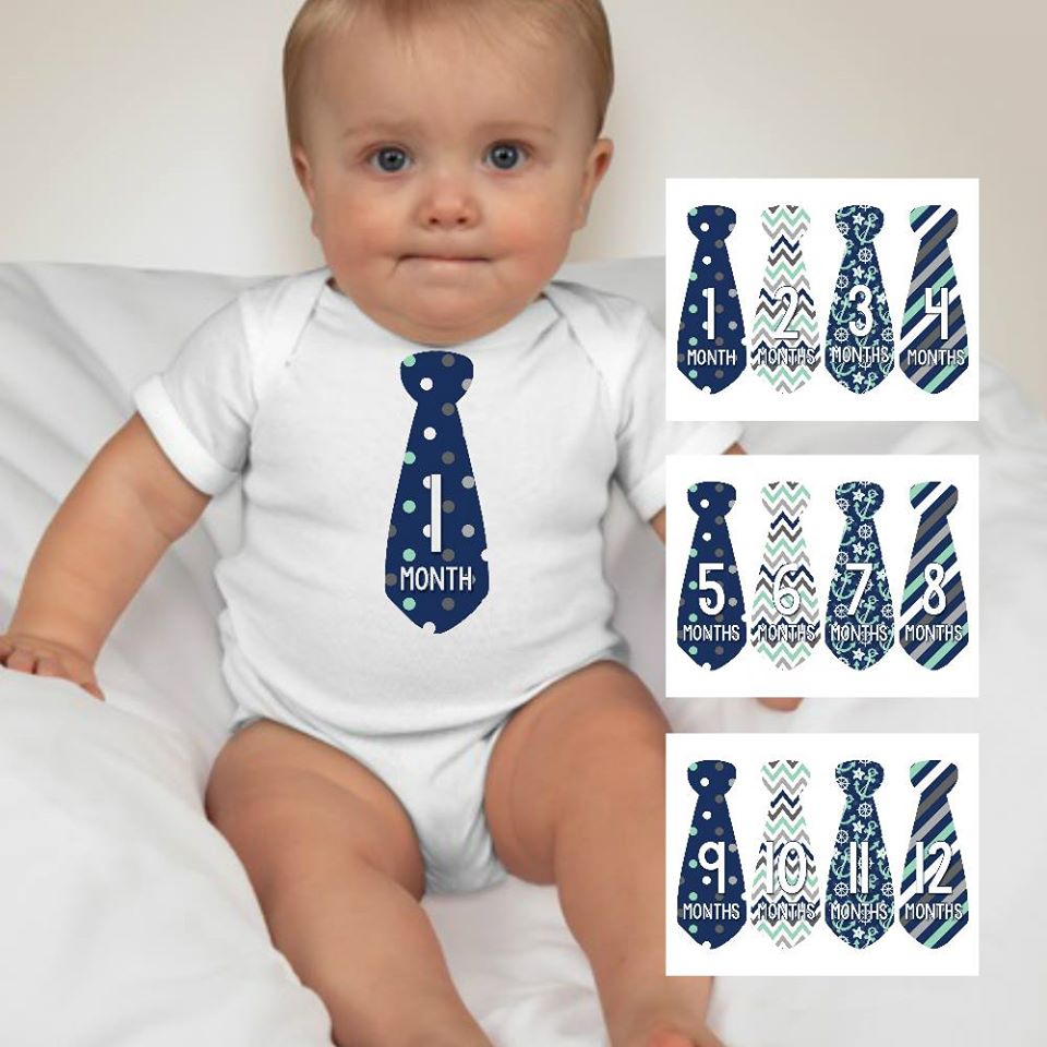 Baby Custom Monthly Onesies - Blue  Necktie Anchors - MYSTYLEMYCLOTHING