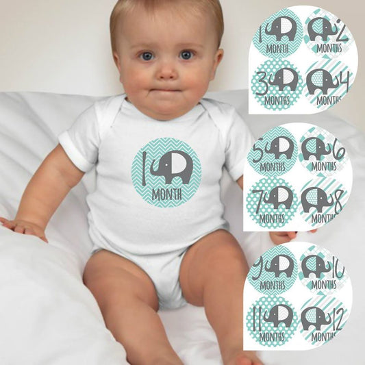 Baby Custom Monthly Onesies -Blue Elephants - MYSTYLEMYCLOTHING