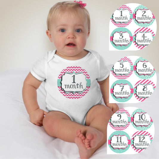 Baby Custom Monthly Onesies - Chevron Pink Teal - MYSTYLEMYCLOTHING