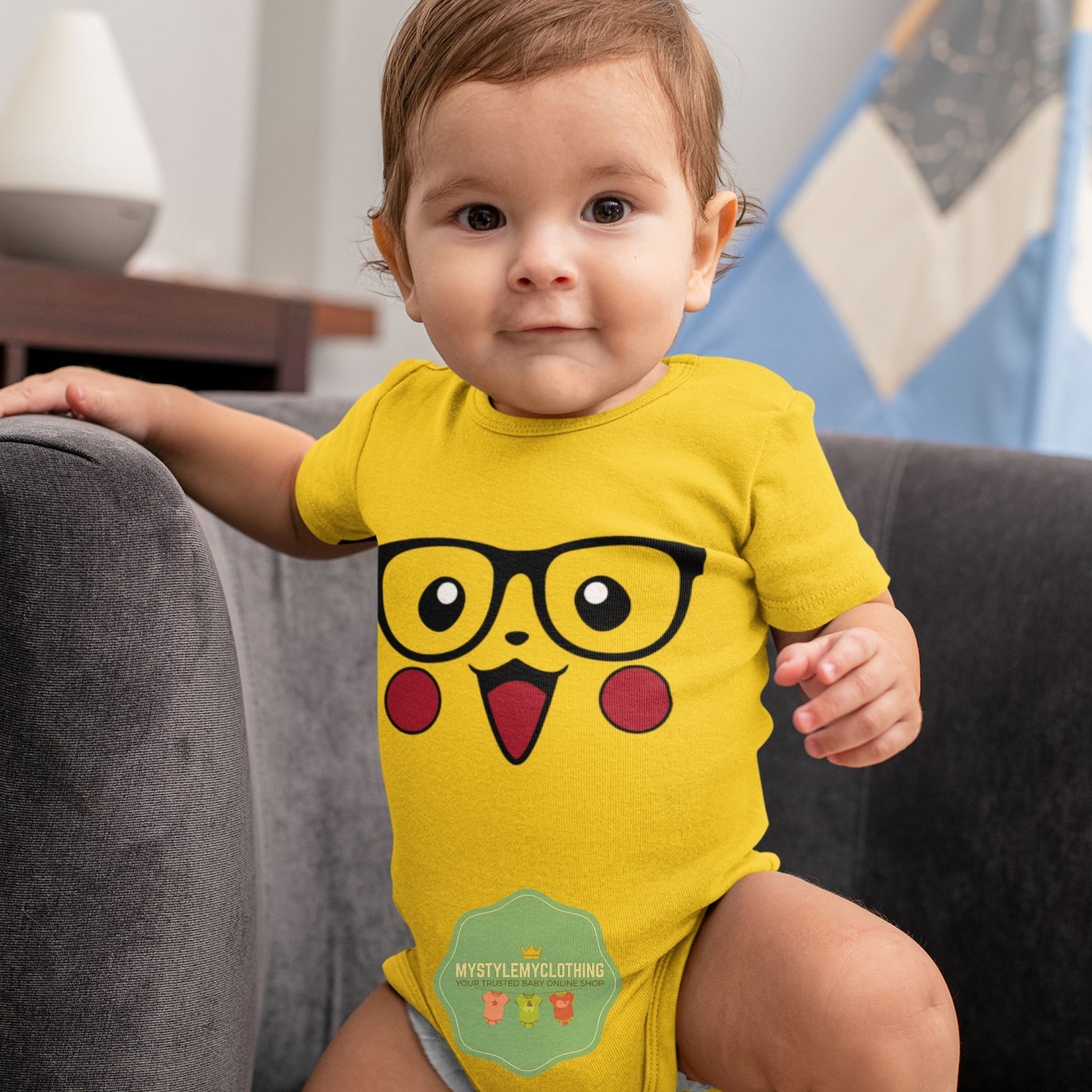 Baby Character Onesies with FREE Name Back Print - Pokemon-Pikachu with Glasses - MYSTYLEMYCLOTHING