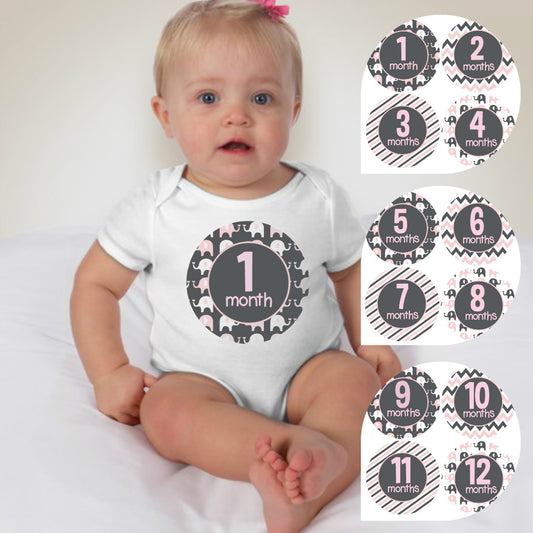 Baby Custom Monthly Onesies - Gray Pink Elephants - MYSTYLEMYCLOTHING