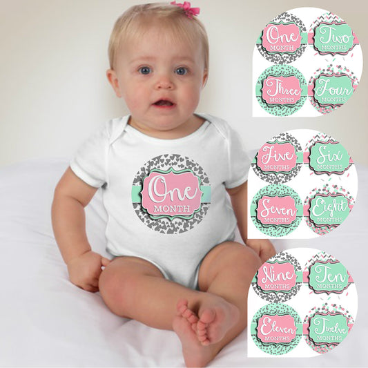 Baby Custom Monthly Onesies - Pink and Silvers - MYSTYLEMYCLOTHING