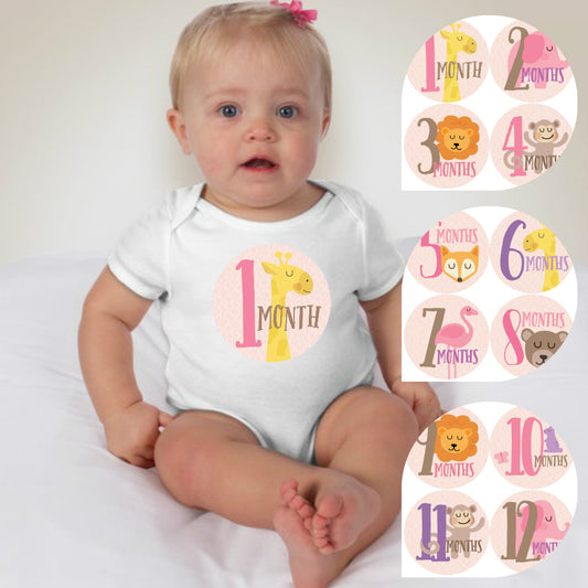 Baby Custom Monthly Onesies - Pink Animals - MYSTYLEMYCLOTHING