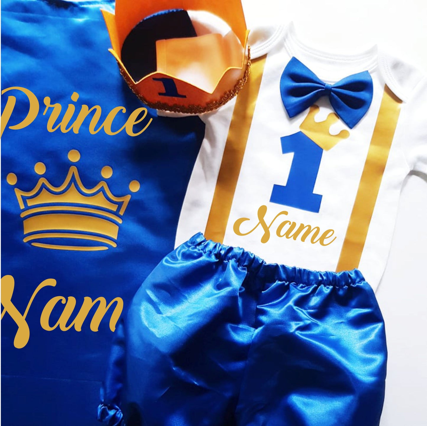 Baby Little Prince with Name Print Complete Set with Crown - Royal Blue - MYSTYLEMYCLOTHING