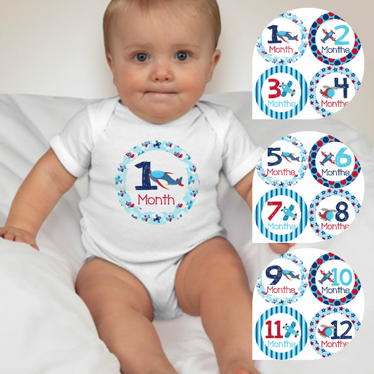 Baby Custom Monthly Onesies - Blue Airplane - MYSTYLEMYCLOTHING