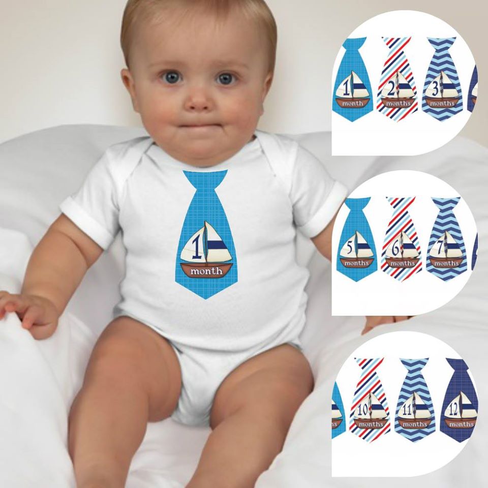 Baby Custom Monthly Onesies - Sailor Necktie Blue and Stripes - MYSTYLEMYCLOTHING
