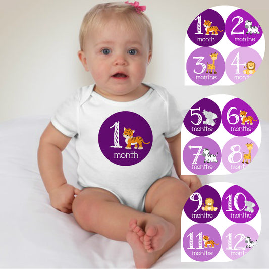 Baby Custom Monthly Onesies - Purple Zoo Animals 1 - MYSTYLEMYCLOTHING