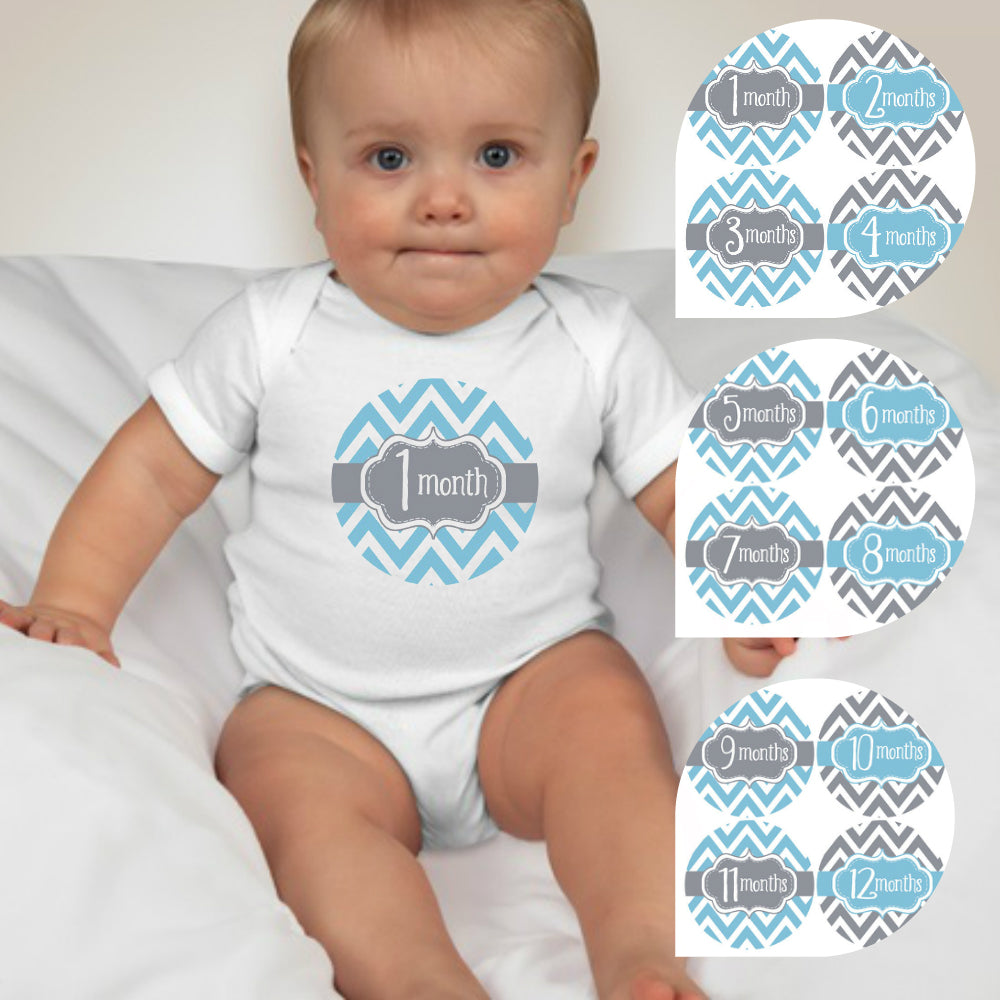 Baby Custom Monthly Onesies - Blue Gray Chevron 2 - MYSTYLEMYCLOTHING