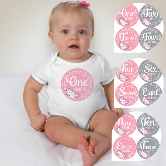 Baby Custom Monthly Onesies - Floral Pink Gray - MYSTYLEMYCLOTHING