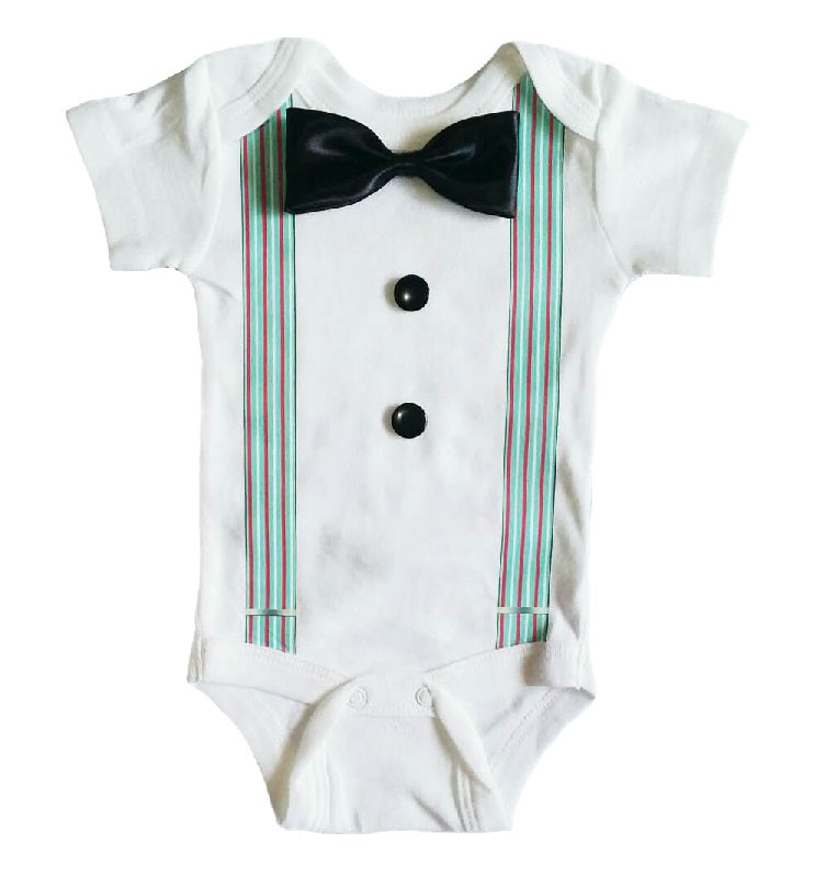 Baby Formal Tuxedo Suspender Onesies - Stripe BlueGreen - MYSTYLEMYCLOTHING